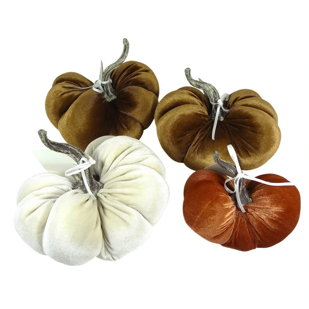 NWT Set of 4 Velvet Pumpkins Fall Decor Rustic Farmhouse Copper‎ Ivory Rust