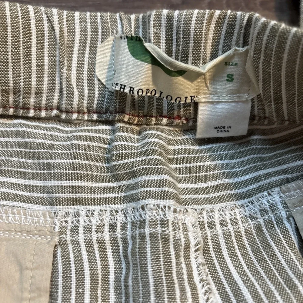 Anthropologie Linen Trousers Small Green Striped Coastal Pull-On Beach Pant