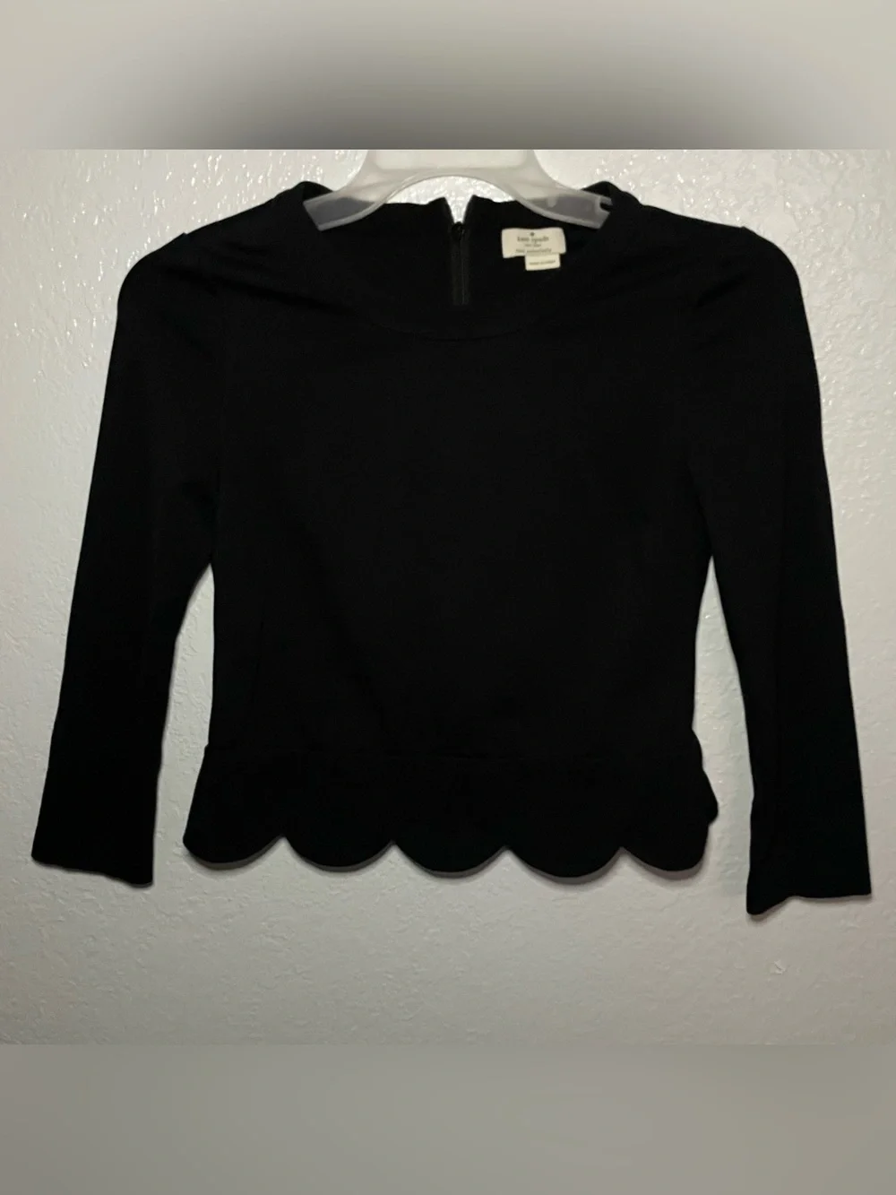 kate spade Black Scallop-Hem Long Sleeve Top - Clean Neckline