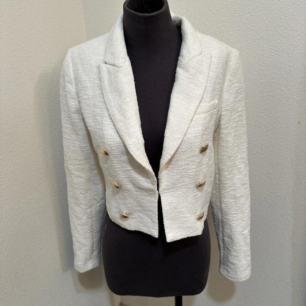 House Of Harlow Women's White Textured Blazer Gold Buttom Cropped Sz S