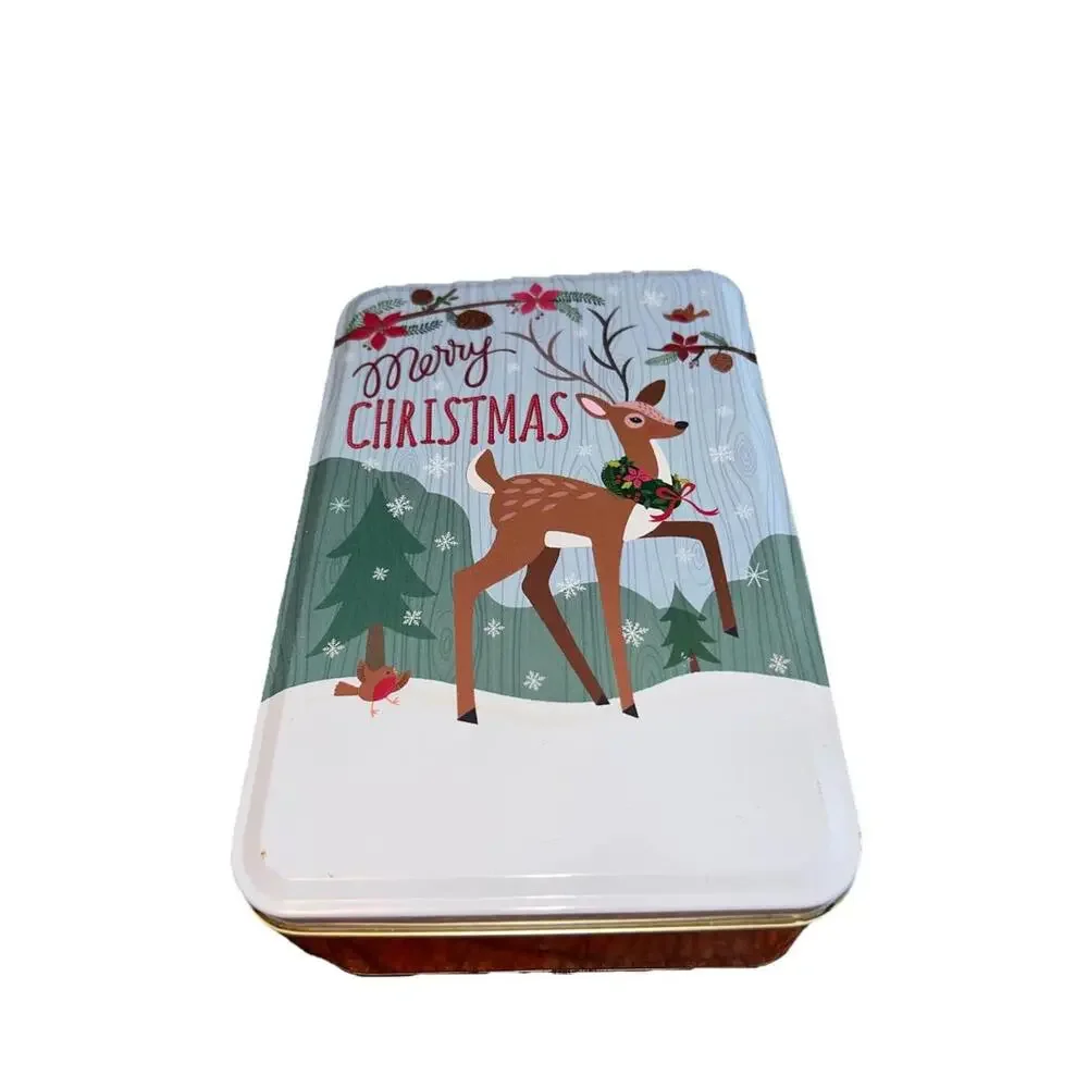 Vintage Style Reindeer Christmas Tin - Retro Woodland MCM Holiday Cookie‎ Box