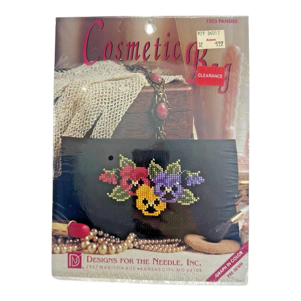 Vintage Designs for the Needle Cosmetic Bag #7303 Pansies Cross Stitch Kit‎ 1990