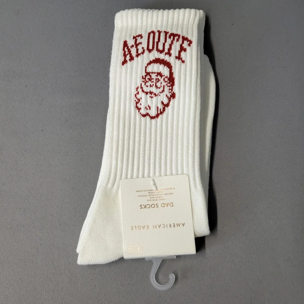 American Eagle Socks Mens One Size White Dad Santa‎ Graphic Crew Ribbed Holiday