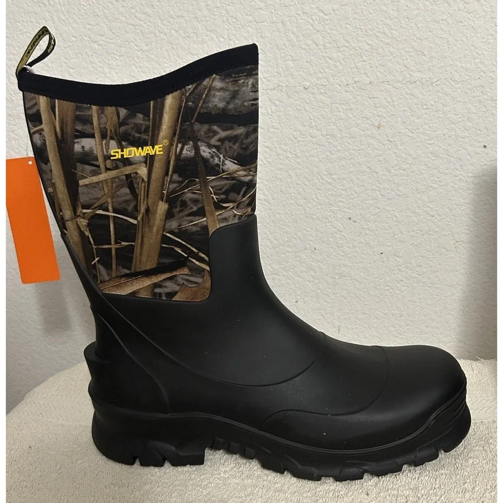 Showave Men's 13 Mid Calf Rubber Work Boots Waterproof Rain Insulated Mud Boot