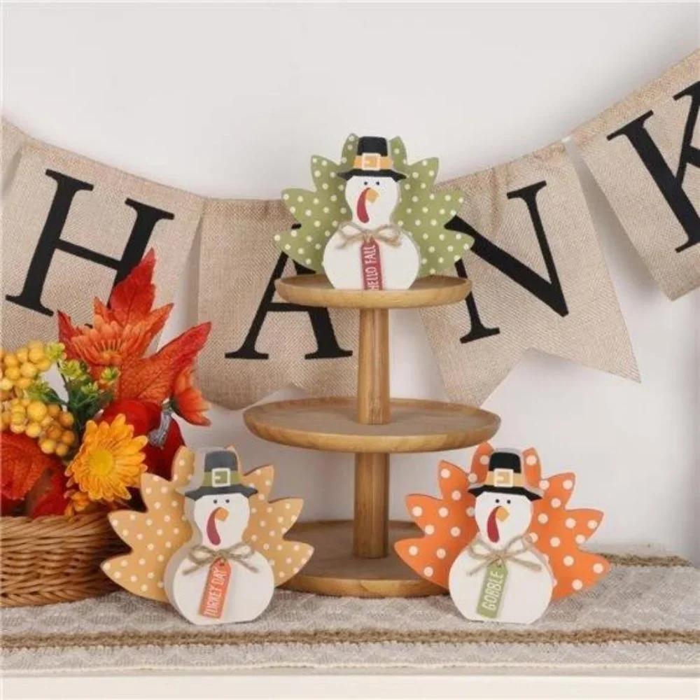 Thanksgiving Fall Decorations, Set of 3 Tabletop Turkey Decor‎ Wood Table Sign
