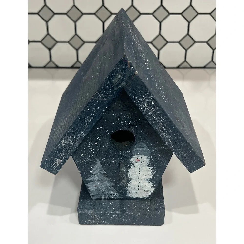 Rustic Wooden Snowman Birdhouse Winter Decorative Hand Painted Blue HolidayHouse