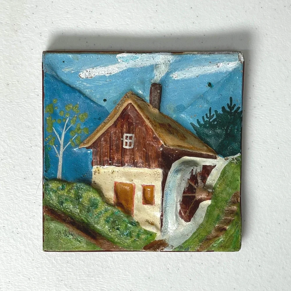 Vintage Hand Painted 3D Tile Cottage Mountains Trees‎ French Farmhouse Prairie