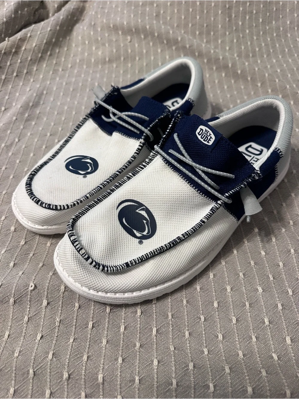 Hey Dude Men’s White and Navy Slip-On Sneakers with Elastic Laces