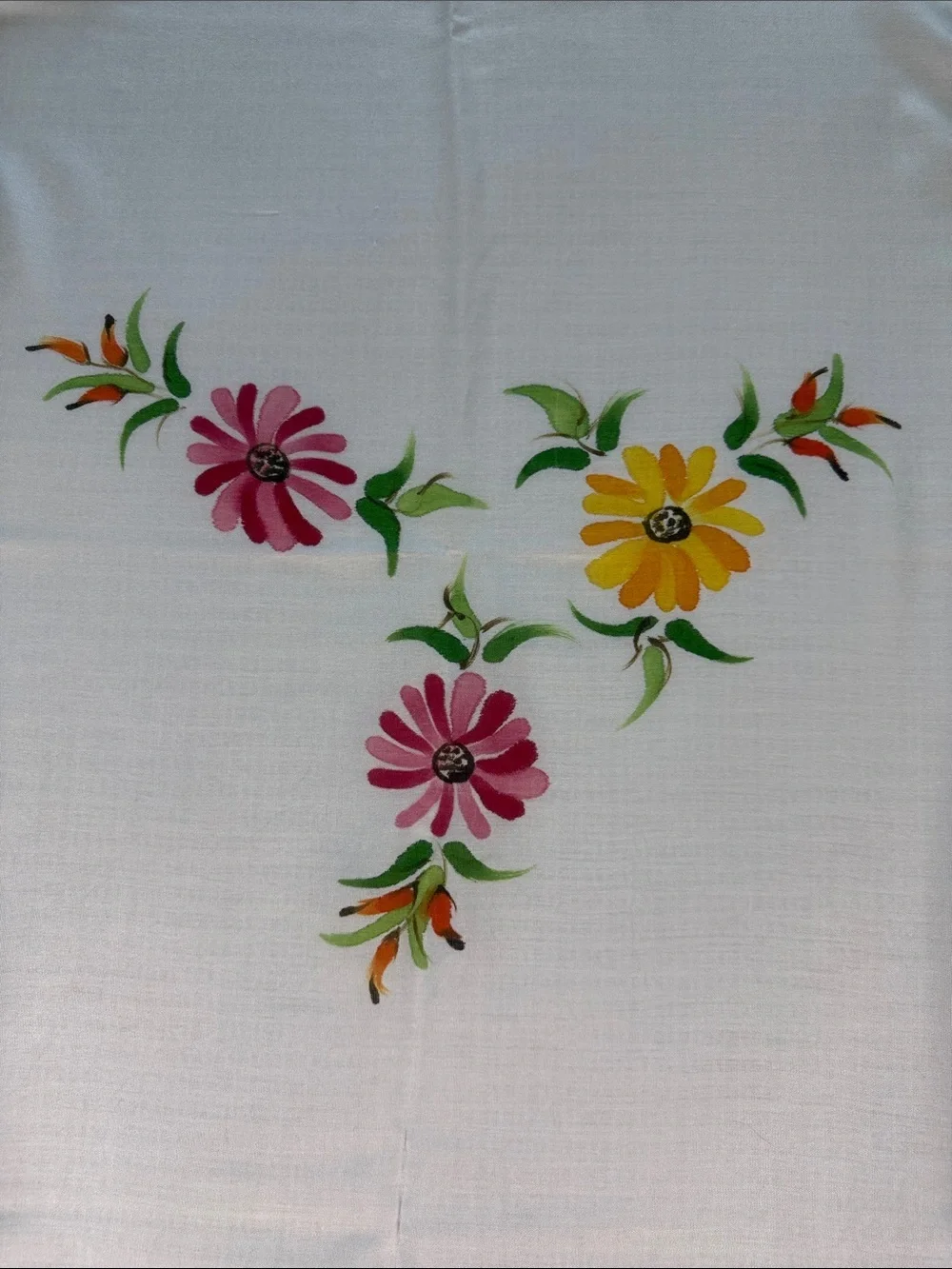 White rayon Spring tablecloth with painted floral print at corners and center