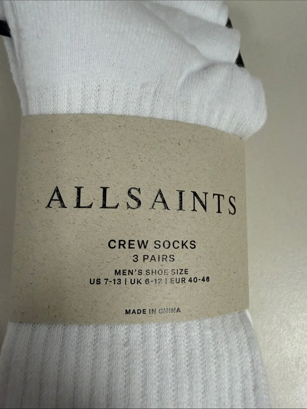 ALL SAINTS Men’s 3 Pack White Black Logo Cotton Blend Crew Socks
