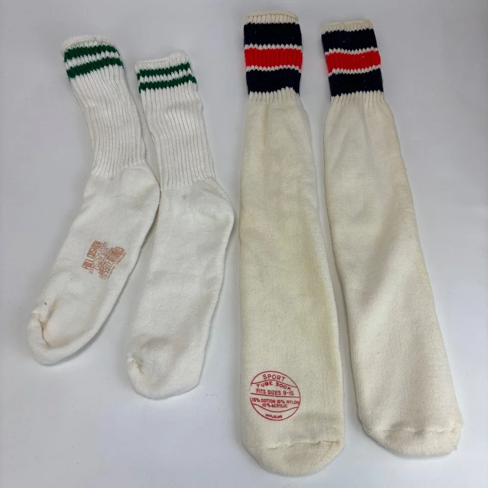Vintage Athletic Tube Socks White Striped‎ Tube Crew 2 Pair Bundle Sport 80s