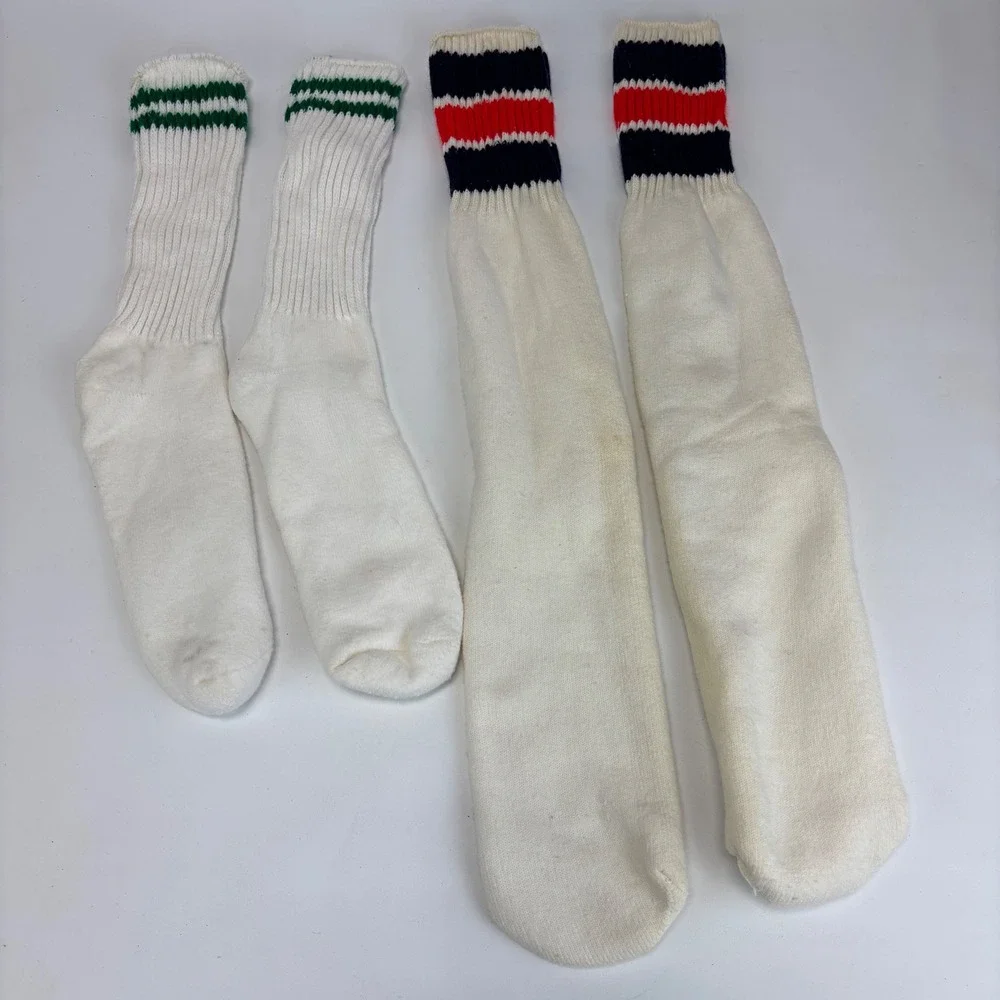 Vintage Athletic Tube Socks White Striped‎ Tube Crew 2 Pair Bundle Sport 80s