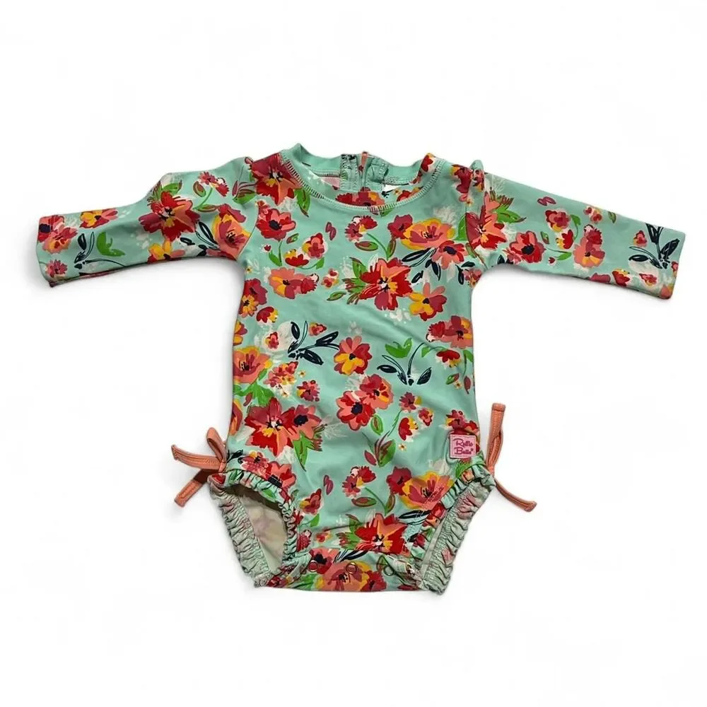 RuffleButts Mint Floral‎ Long Sleeve One Piece Rash Guard Swimsuit 3-6M