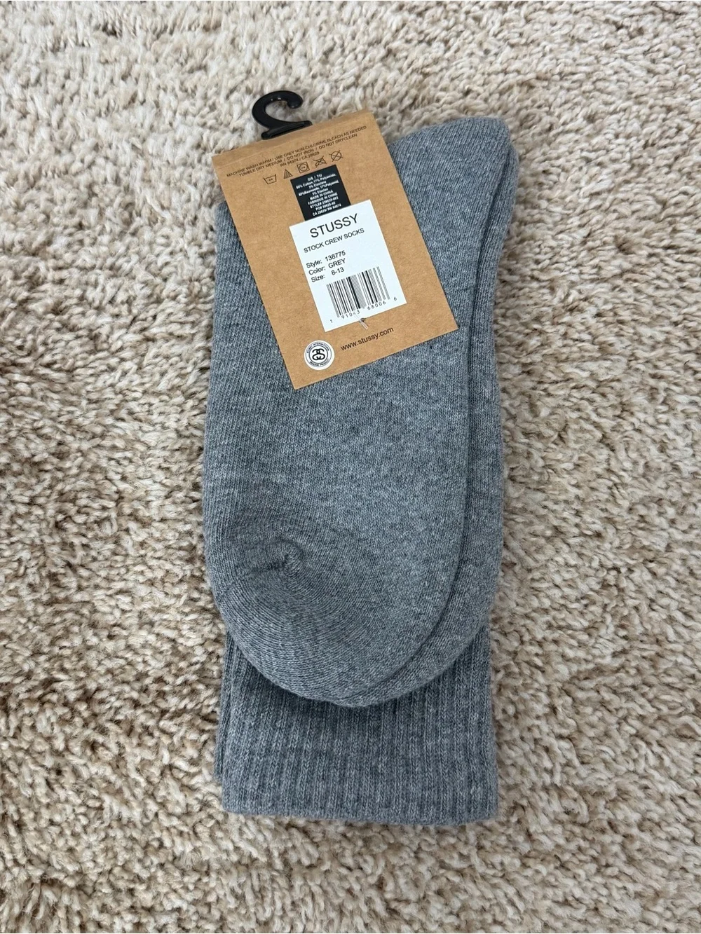 Stussy Gray Ribbed Crew Socks with Embroidered Logo