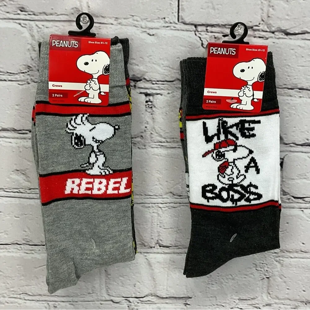 Peanuts Snoopy Woodstock Crew Socks 4 Pair Mens Shoe Size 6.5 -12 Gray/White/Red