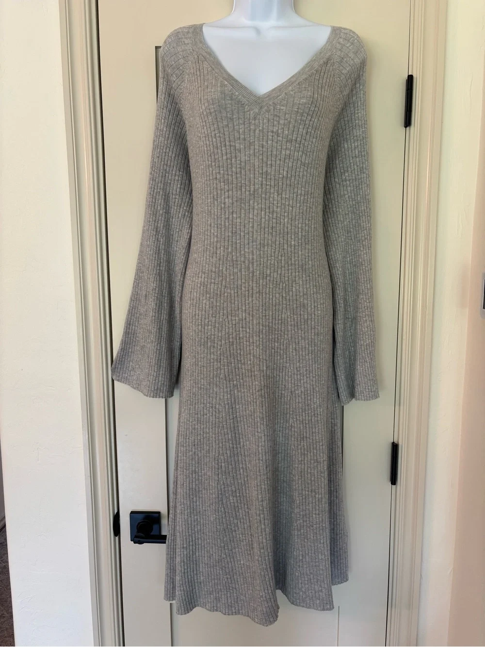 J.Crew Chunky Ribbed Knit Sweater Midi Dress Grey Flare Sleeve Fall Classic XL