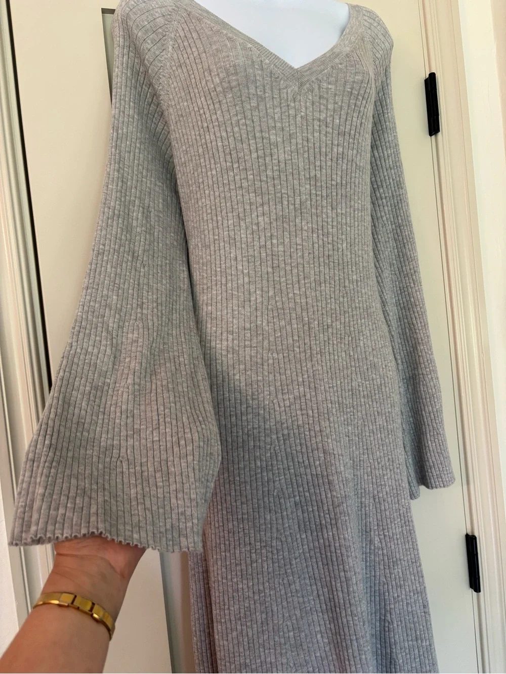 J.Crew Chunky Ribbed Knit Sweater Midi Dress Grey Flare Sleeve Fall Classic XL