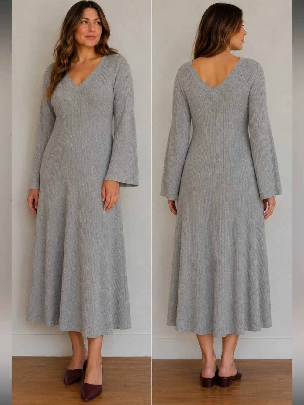 J.Crew Chunky Ribbed Knit Sweater Midi Dress Grey Flare Sleeve Fall Classic XL
