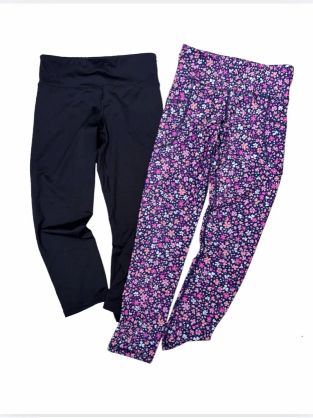 Girls / Juniors Set of 2 High-Waist Leggings Purple Floral Full, Black 7/8