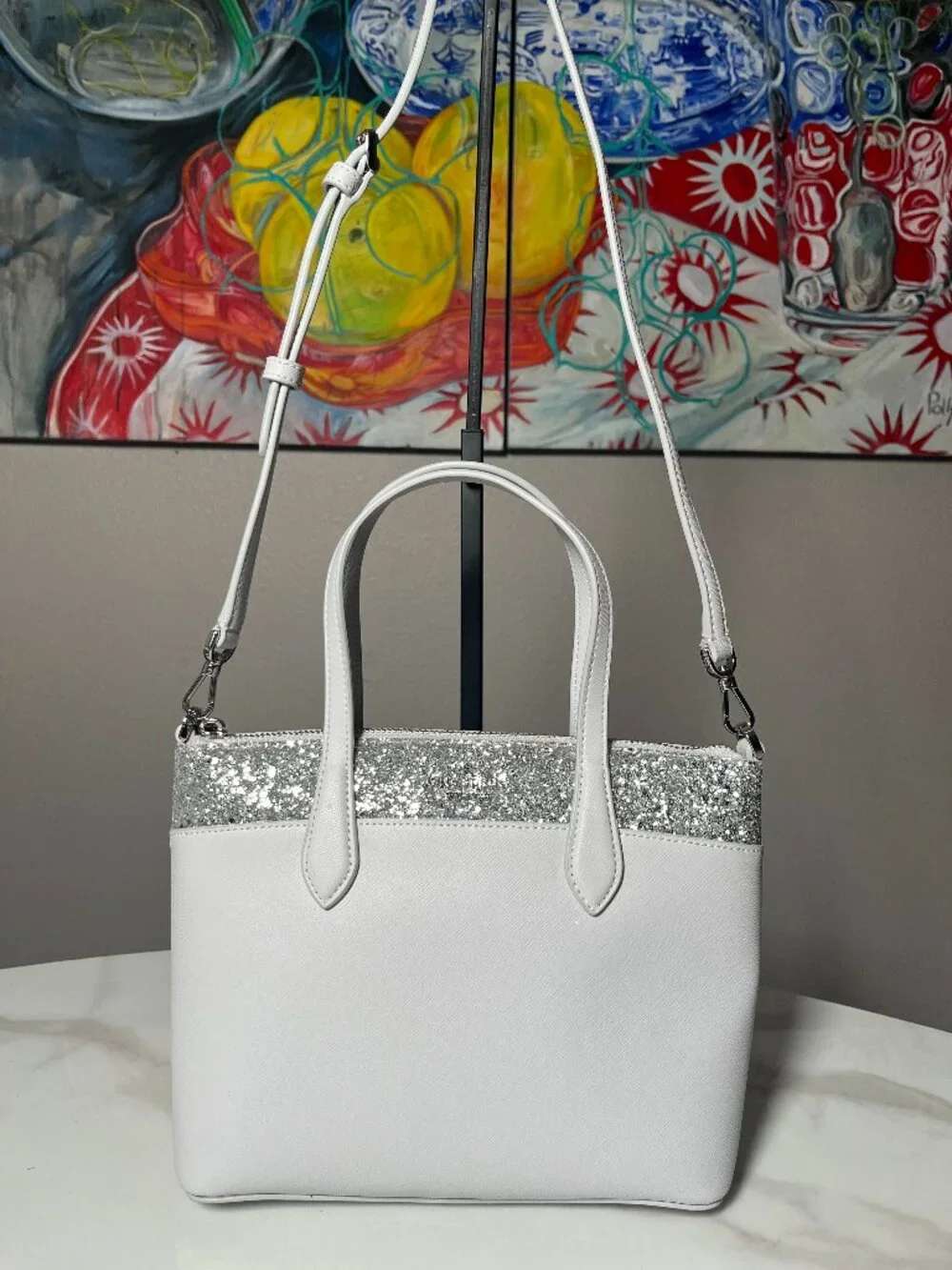 Kate Spade Flash Glitter Satchel Light Grey Silver Crossbody Satchel NWOT
