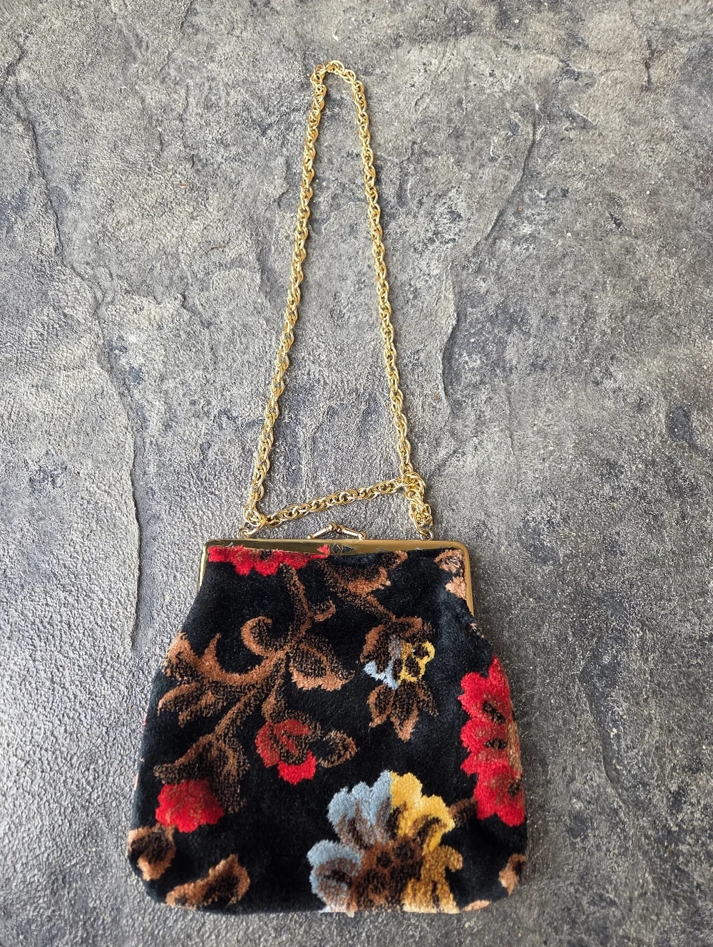 Gold-Handle Black Floral Chenille Velvet Carpet Evening Bag