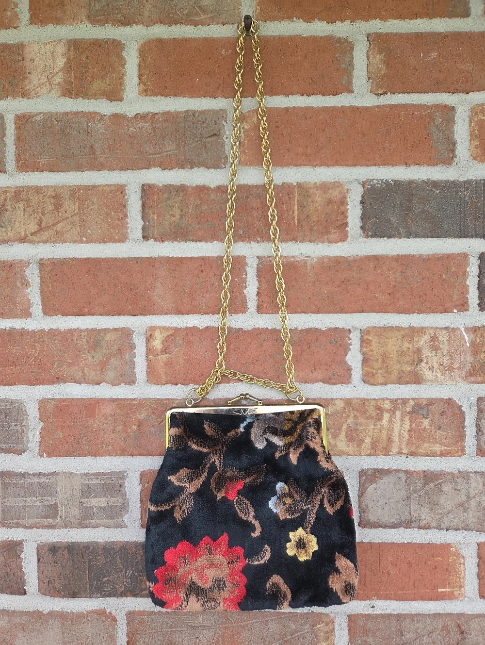 Gold-Handle Black Floral Chenille Velvet Carpet Evening Bag