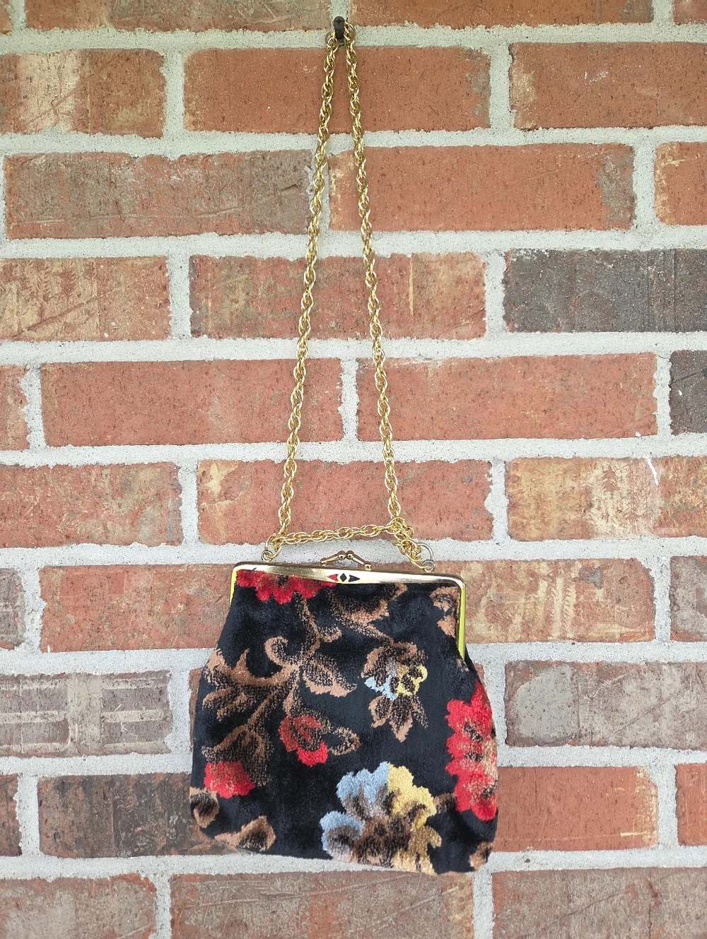Gold-Handle Black Floral Chenille Velvet Carpet Evening Bag