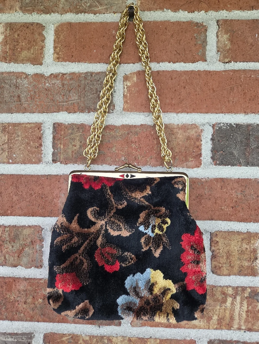 Gold-Handle Black Floral Chenille Velvet Carpet Evening Bag