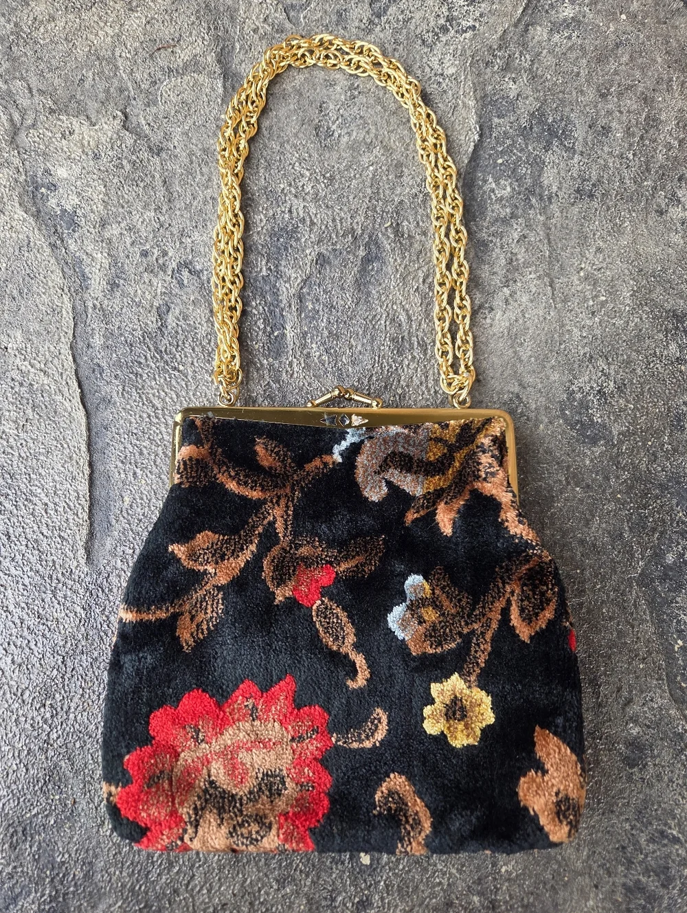 Gold-Handle Black Floral Chenille Velvet Carpet Evening Bag
