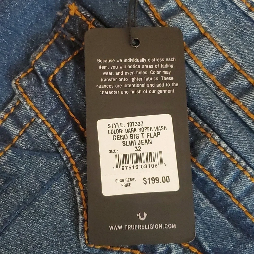 True Religion Geno Jeans 32x32 Relaxed Slim Dark Roper Wash‎ Big T Flap pocket