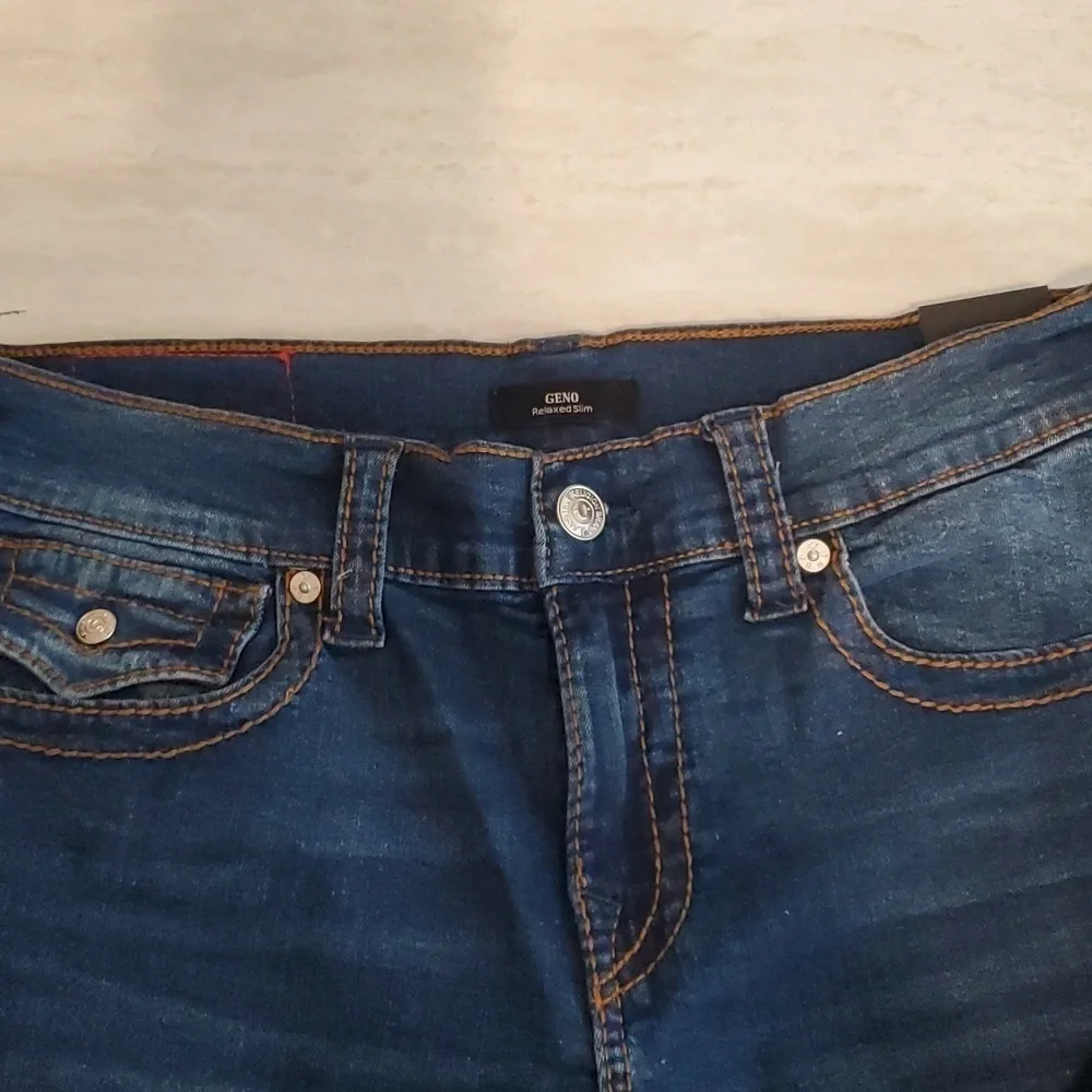 True Religion Geno Jeans 32x32 Relaxed Slim Dark Roper Wash‎ Big T Flap pocket