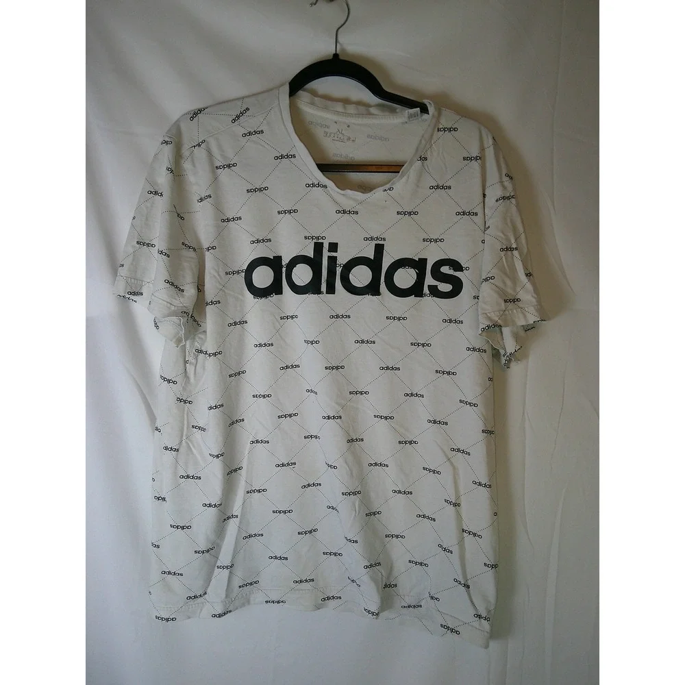 Distressed Rare Adidas Mens XL White All Over Print V-Neck T-Shirt Tee Short Sle