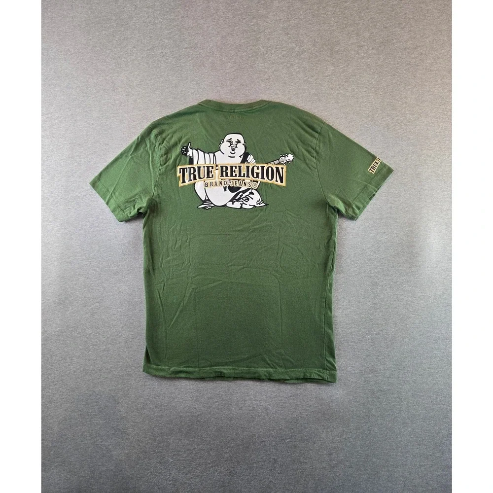 True Religion Graphic T-Shirt Mens L Green Buddha Horseshoe‎ Logo Short Sleeve
