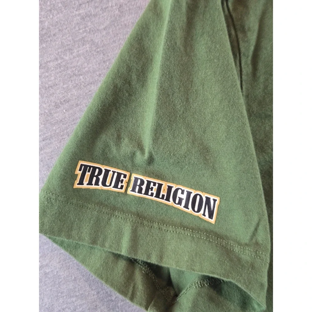 True Religion Graphic T-Shirt Mens L Green Buddha Horseshoe‎ Logo Short Sleeve