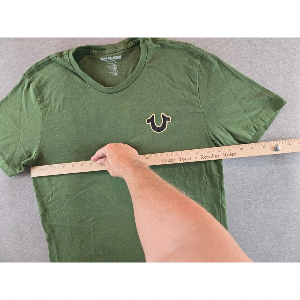 True Religion Graphic T-Shirt Mens L Green Buddha Horseshoe‎ Logo Short Sleeve