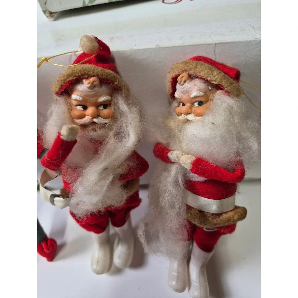 Vintage Rubber Face Felt Santa Elf Christmas Ornaments Lot of 3 Japan Retro MCM