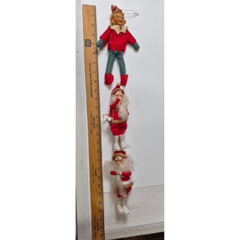 Vintage Rubber Face Felt Santa Elf Christmas Ornaments Lot of 3 Japan Retro MCM