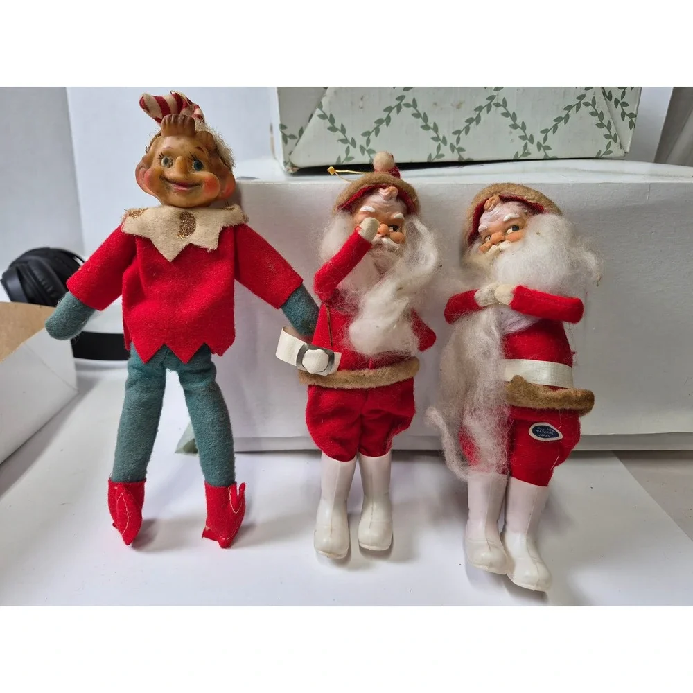 Vintage Rubber Face Felt Santa Elf Christmas Ornaments Lot of 3 Japan Retro MCM