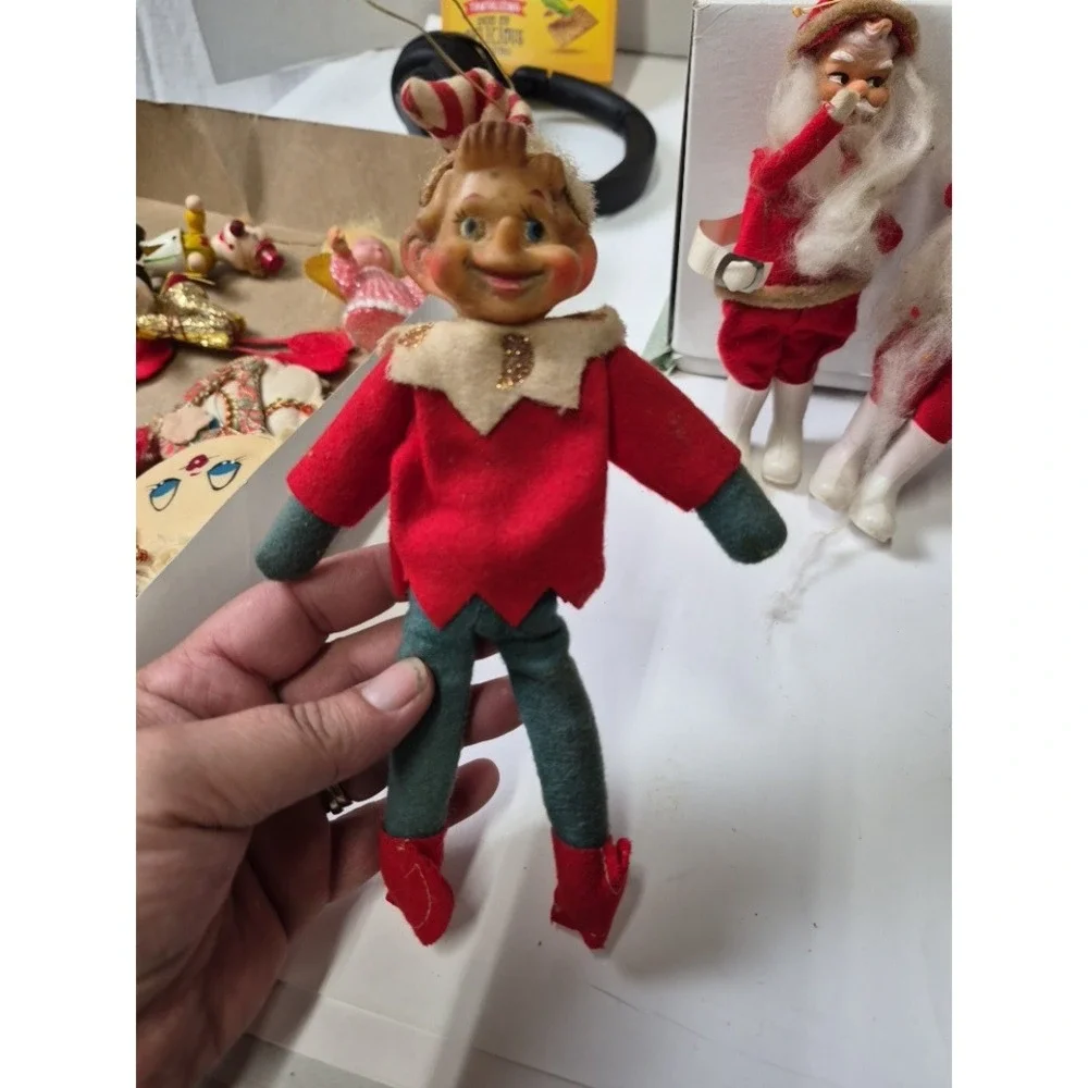 Vintage Rubber Face Felt Santa Elf Christmas Ornaments Lot of 3 Japan Retro MCM