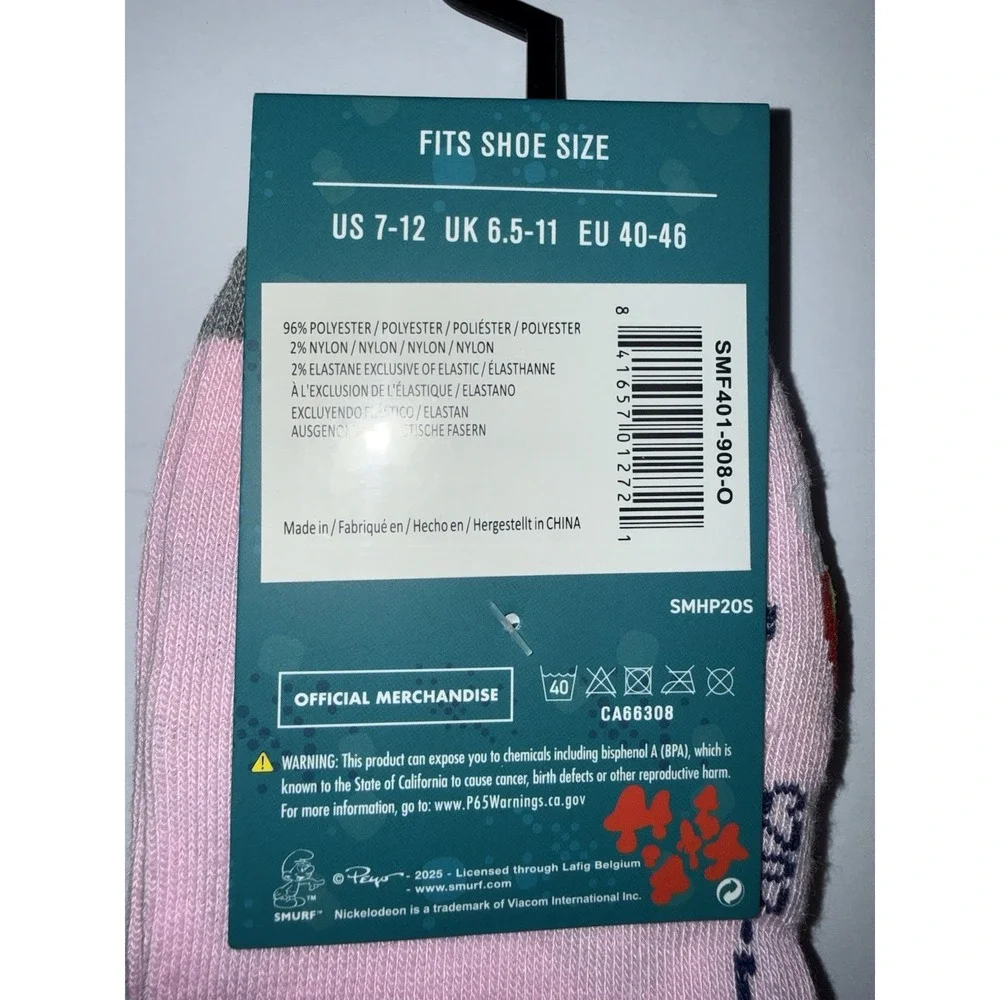 Smurfs Adult 2 Pair Ankle Socks 7-12 Cartoon Fun Gift Pink White Novelty NEW