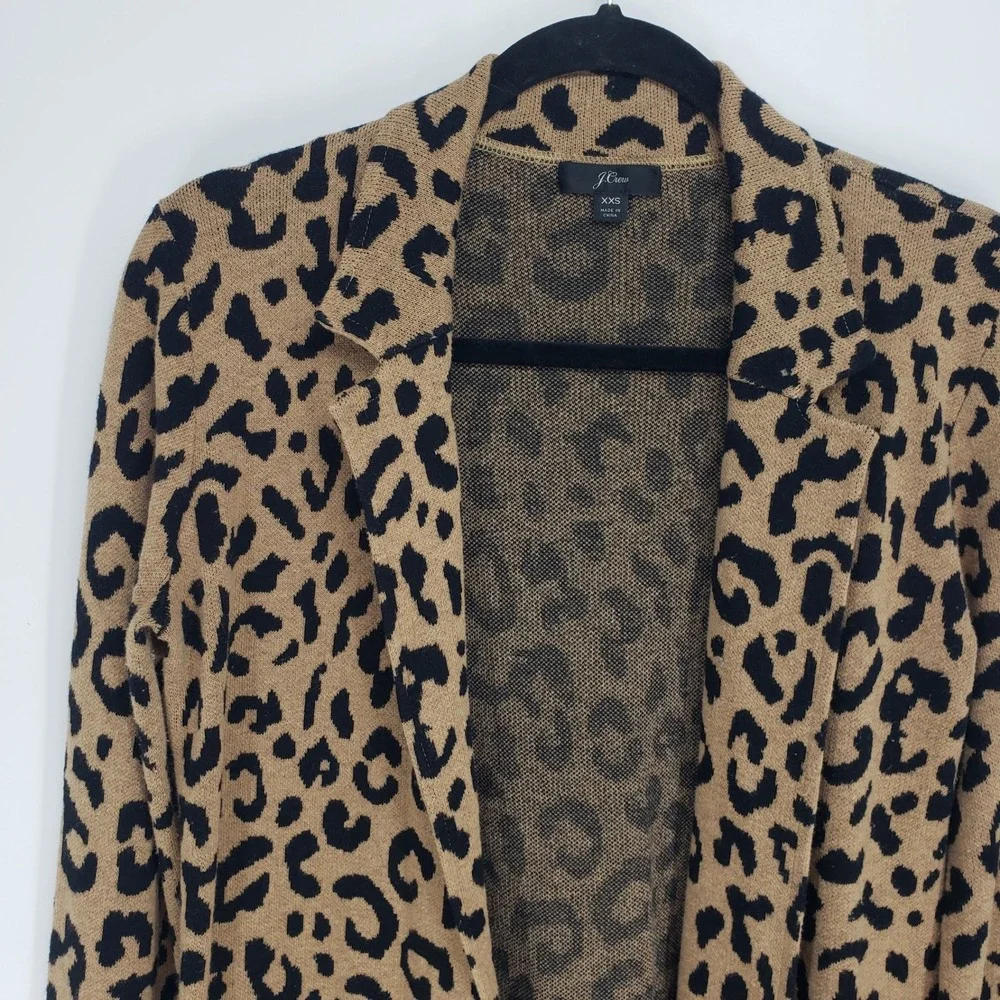 J Crew Leopard Print Sophie Sweater Blazer Women XXS Tan Open Front Merino Wool