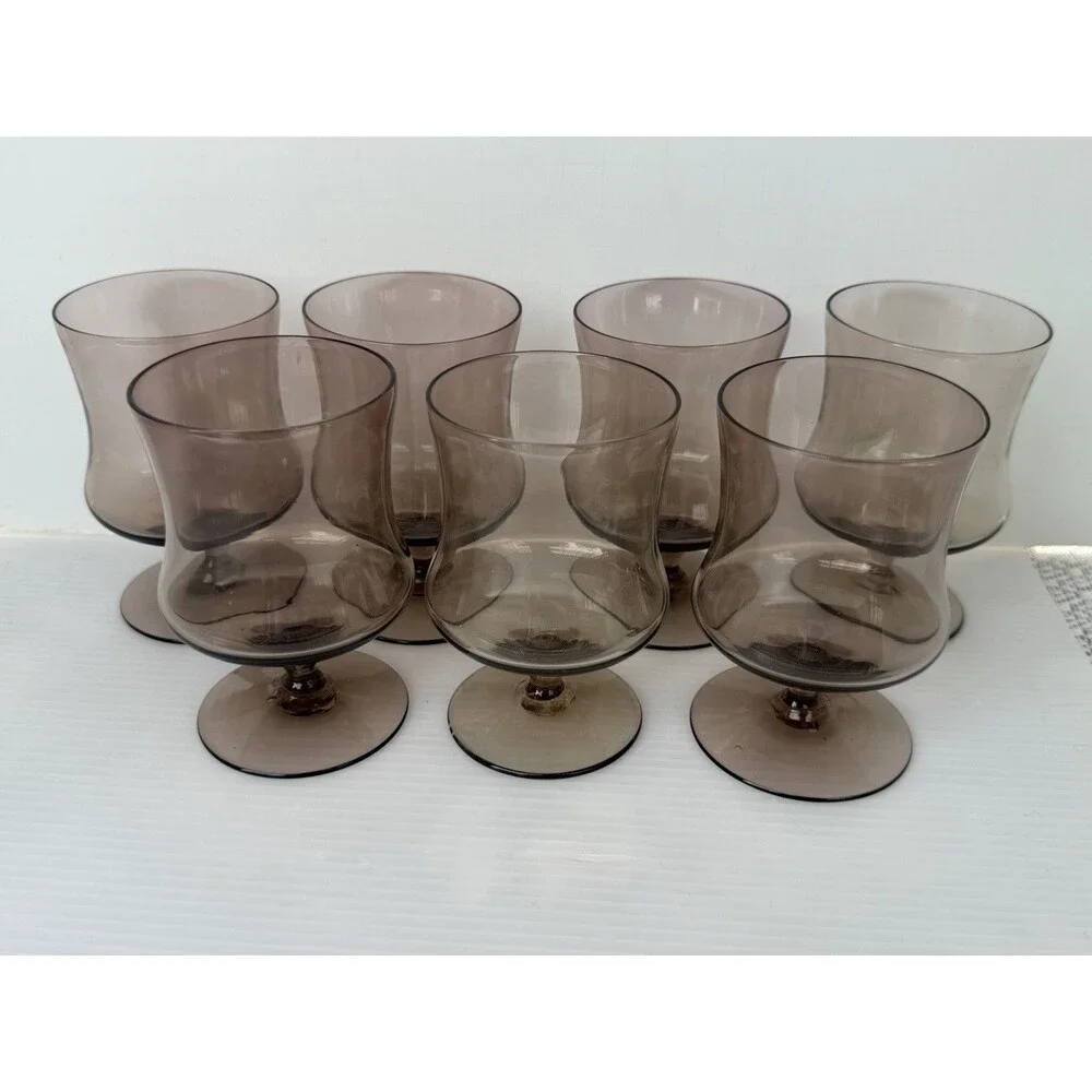 7 Libbey Tawny Accent On The Rocks Glasses Set Vintage Brown Retro Stemware MCM