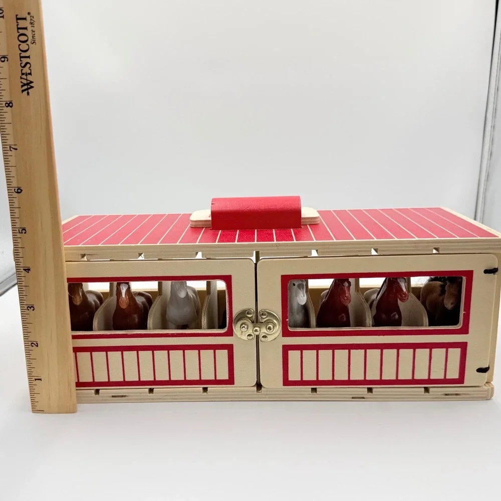 Melissa & Doug Horse Carrier & Stable Set Kids Wood Red Trailer Barn Figurines
