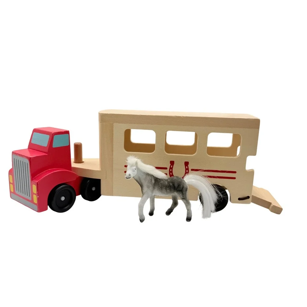 Melissa & Doug Horse Carrier & Stable Set Kids Wood Red Trailer Barn Figurines