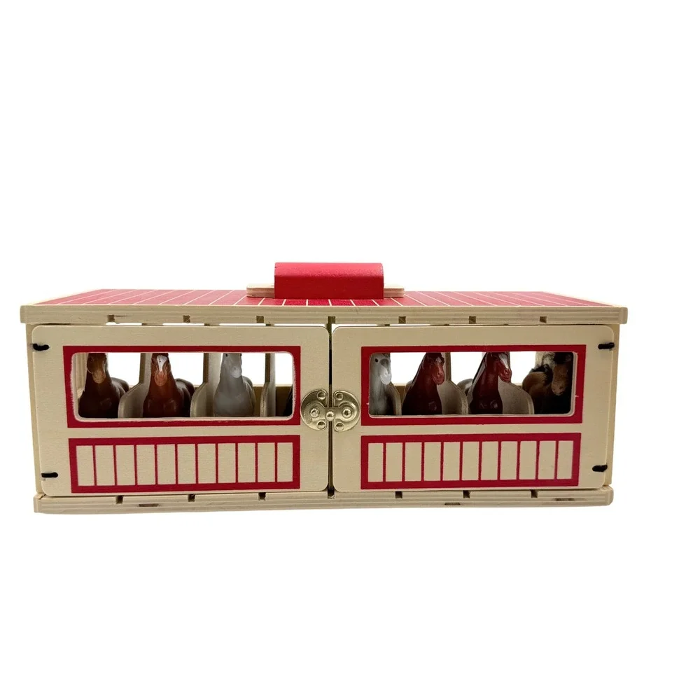 Melissa & Doug Horse Carrier & Stable Set Kids Wood Red Trailer Barn Figurines