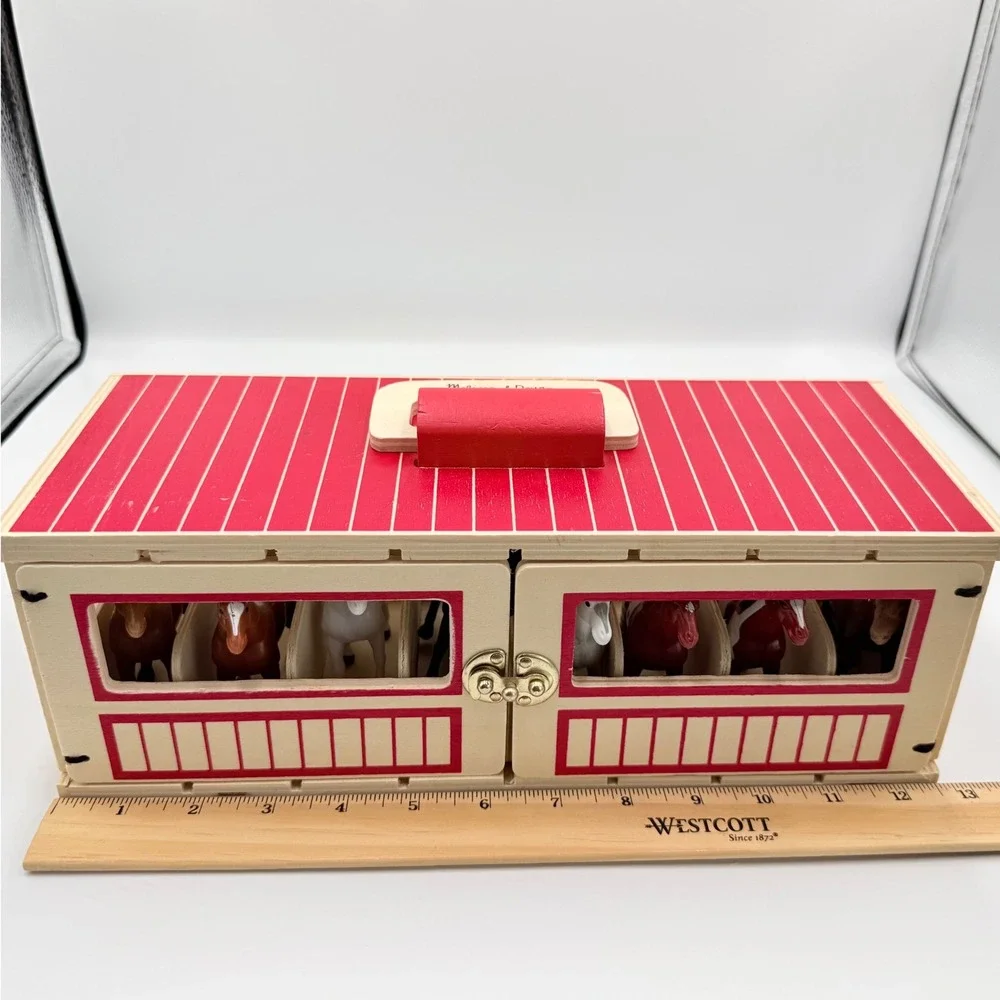 Melissa & Doug Horse Carrier & Stable Set Kids Wood Red Trailer Barn Figurines