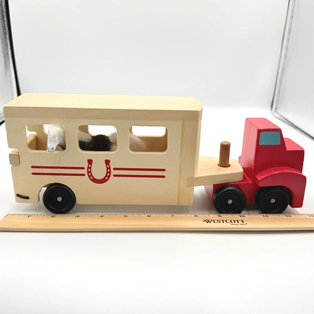 Melissa & Doug Horse Carrier & Stable Set Kids Wood Red Trailer Barn Figurines