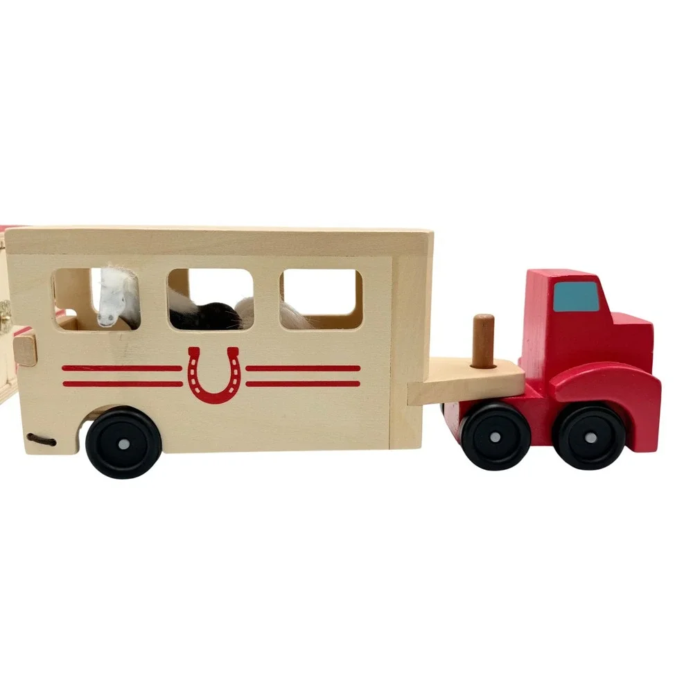 Melissa & Doug Horse Carrier & Stable Set Kids Wood Red Trailer Barn Figurines