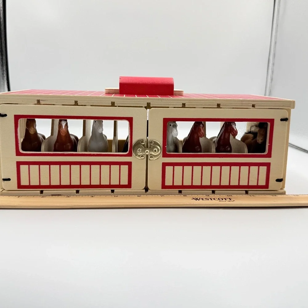 Melissa & Doug Horse Carrier & Stable Set Kids Wood Red Trailer Barn Figurines