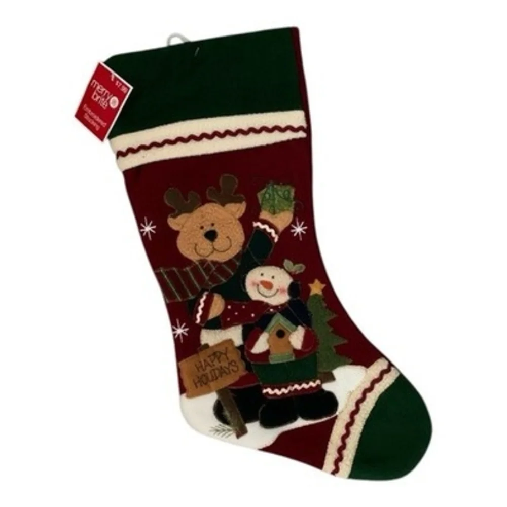 Merry Brite Embroidered Christmas Stocking with Snowman & Reindeer Design